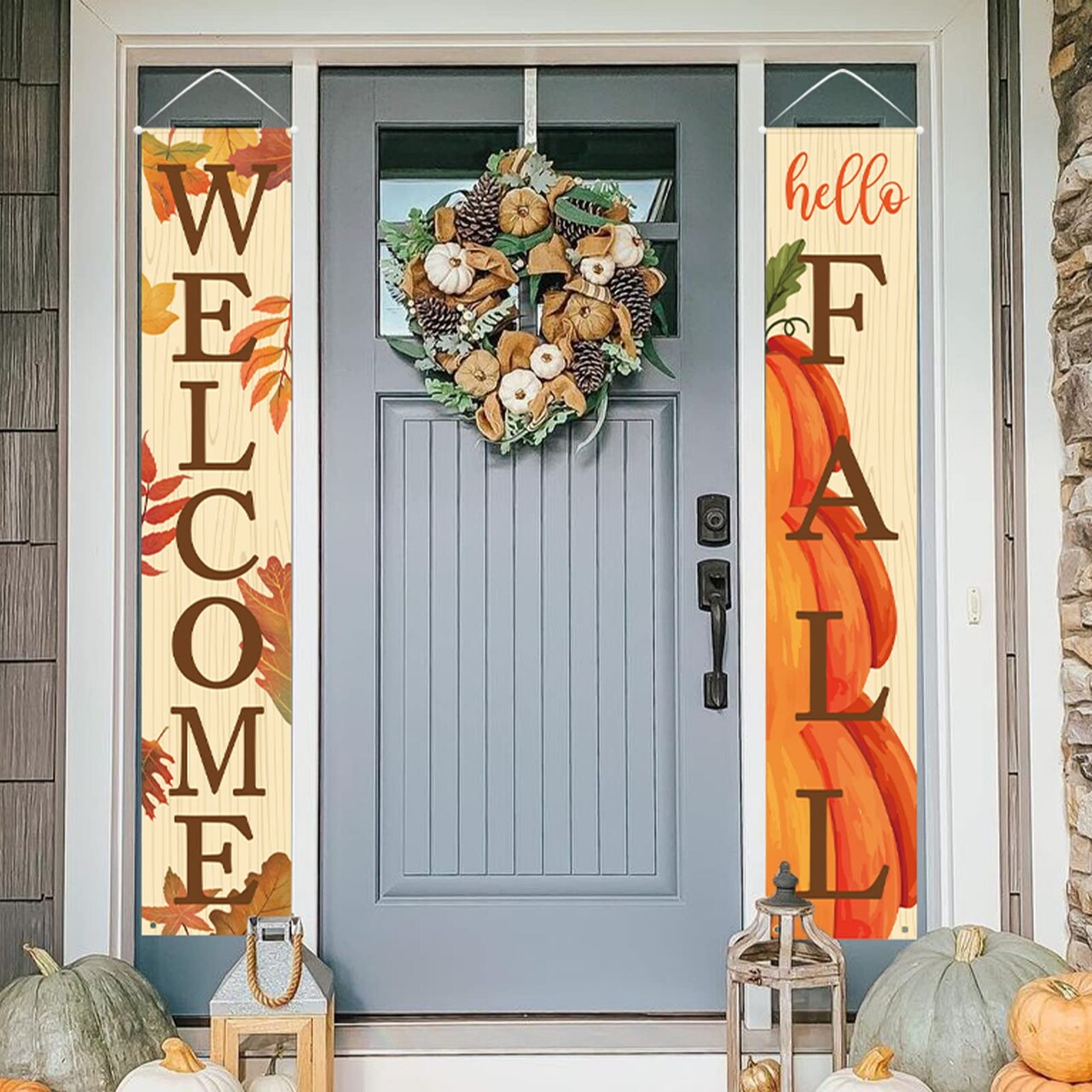 Fall Decorations for Home - Welcome & Hello Fall Signs for Front Door Harvest Decoration - Hanging Leaves and Pumpkins Porch Banners for Autumn Home Decor